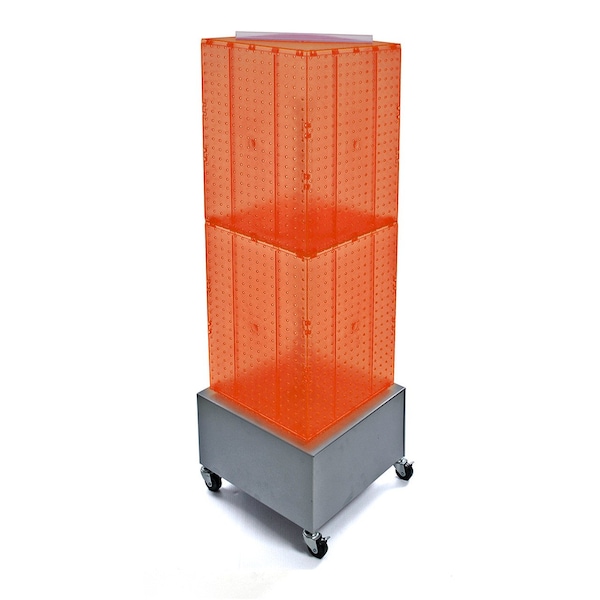 Four-Sided Pegboard Tower Floor Display on Metal Wheeled Base. Spinner Rack Stand.